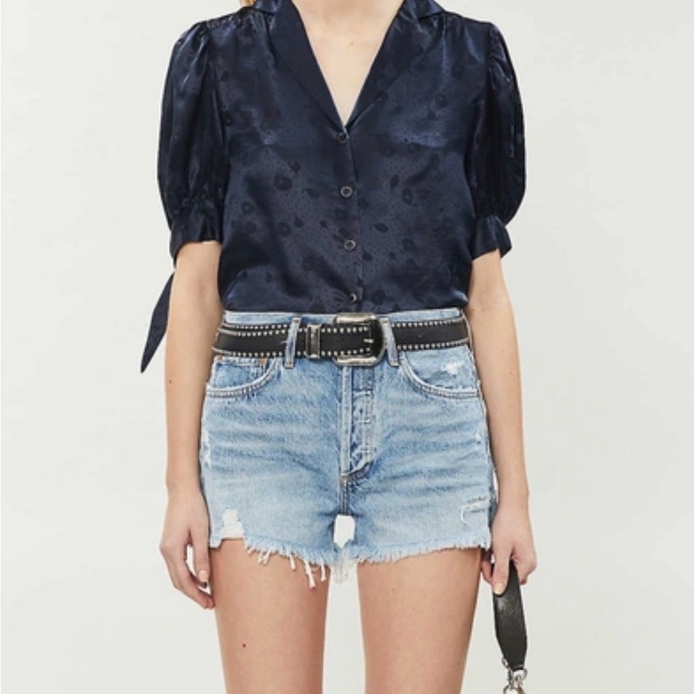 The Kooples NWT Silk Blend Mandarine Jacquard Puff Sleeve Blouse Blue Size 1/S